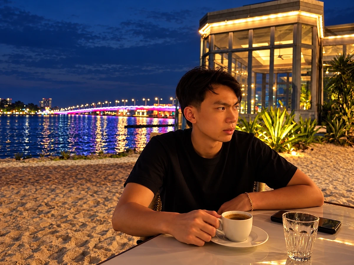 Jovan enjoying coffee at a beachside cafe at dusk